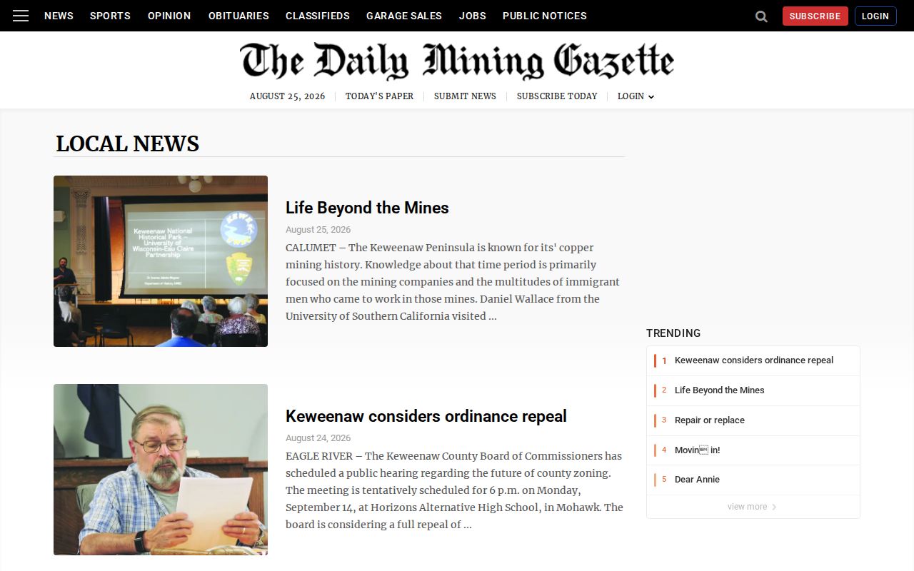 Ontonagon County arrest news interface from the Daily Mining Gazette