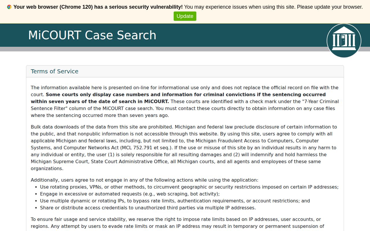 Ontonagon County court disposition record search interface