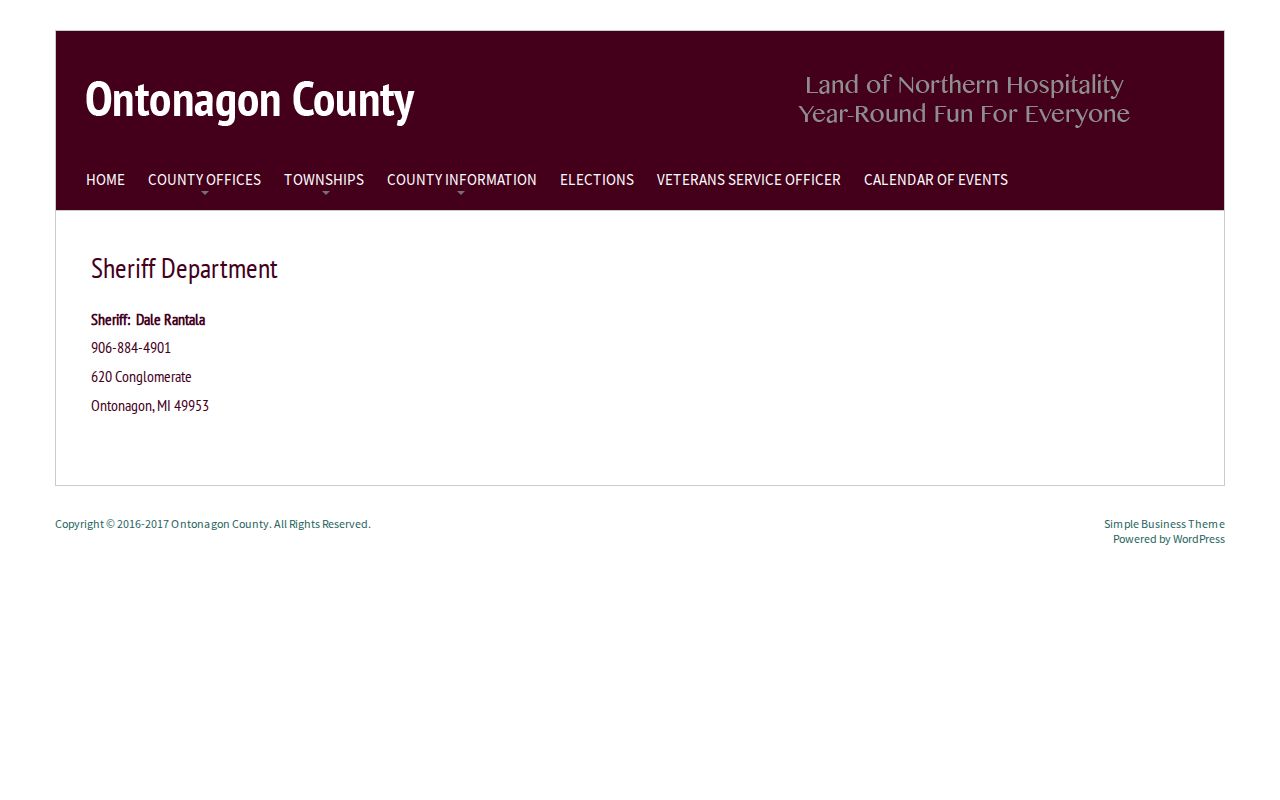 Ontonagon County Sheriff booking record contact page