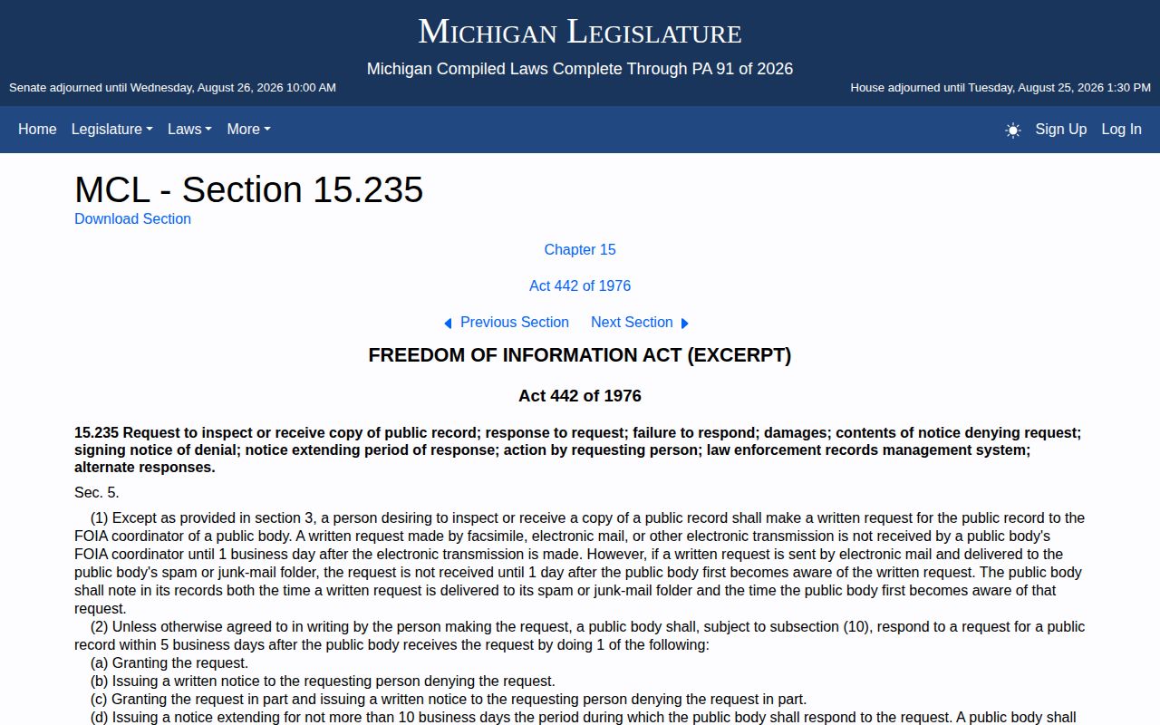 Michigan FOIA response statute for Ontonagon County warrant record requests
