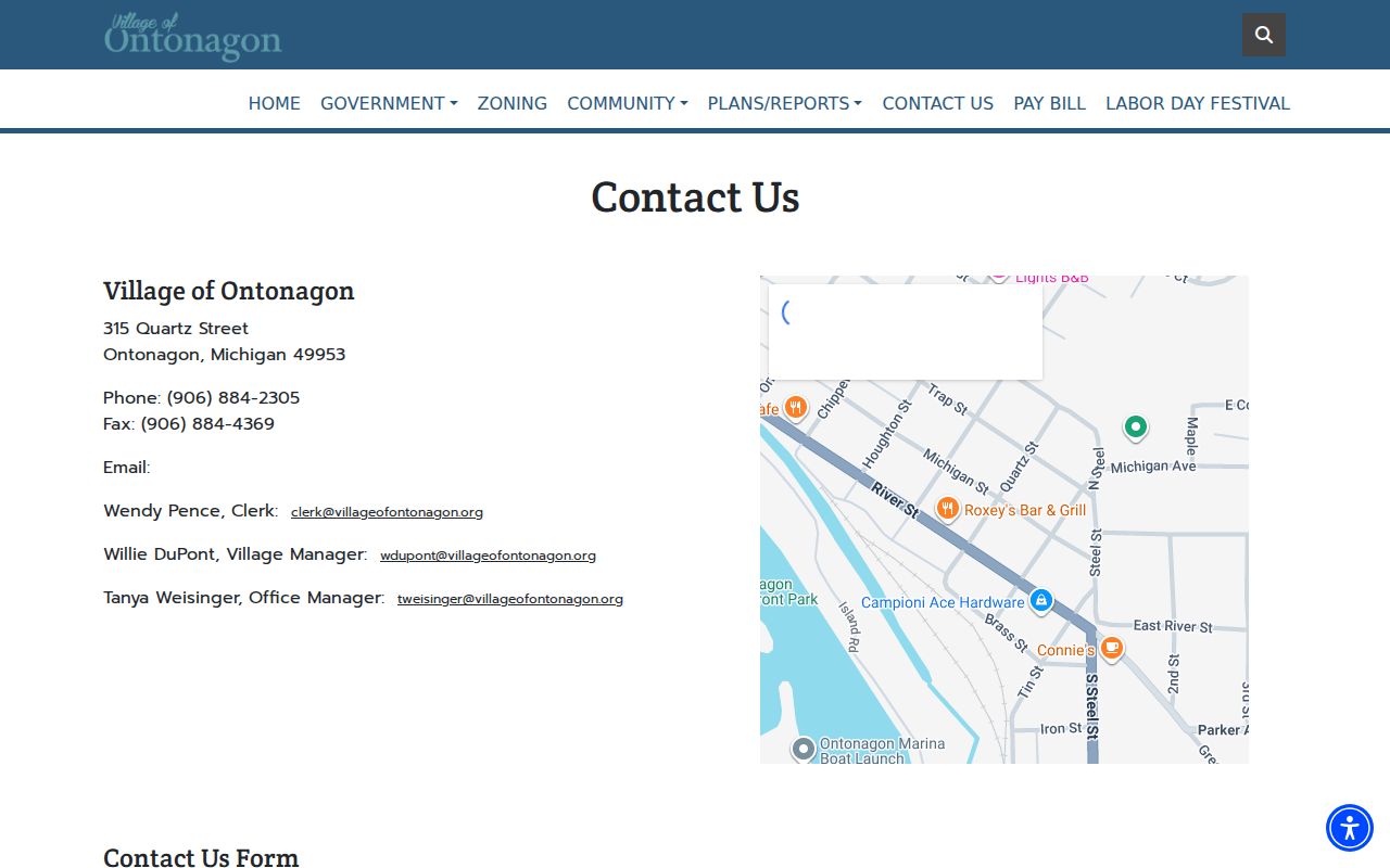 Village of Ontonagon booking record contact information page